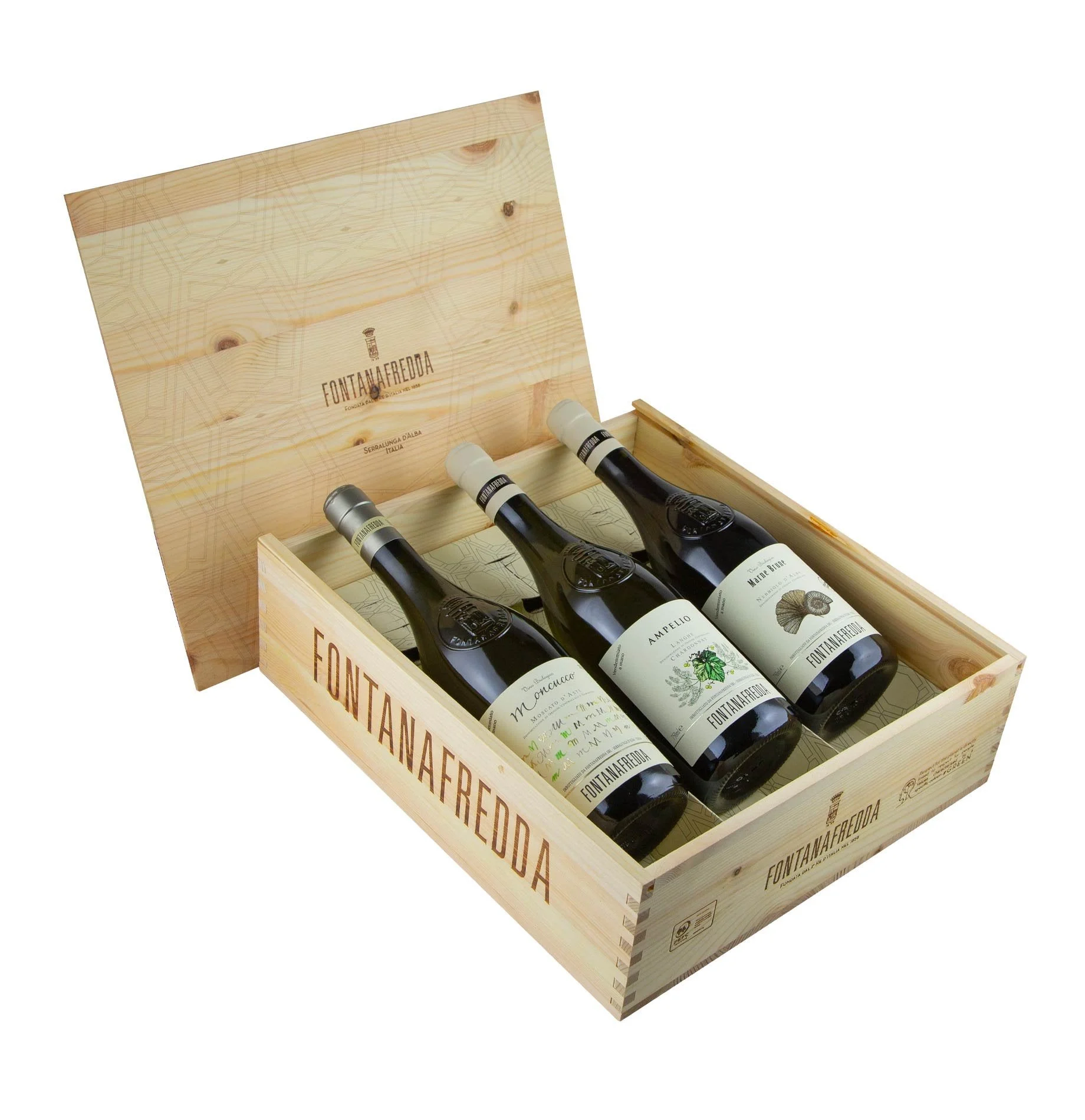 Ampelio Langhe DOC Chardonnay + Marne Brune Nebbiolo DOC + Moncucco Moscato D'Asti DOCG (Cassetta Legno) - Fontanafredda