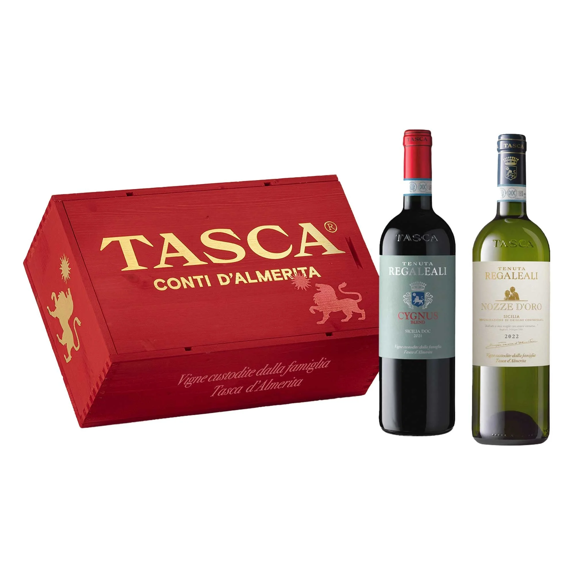 Sicilia DOC “Cygnus” 2021 + Sicilia DOC “Nozze d’Oro” 2022 (Cassa Legno) - Tasca d'Almerita