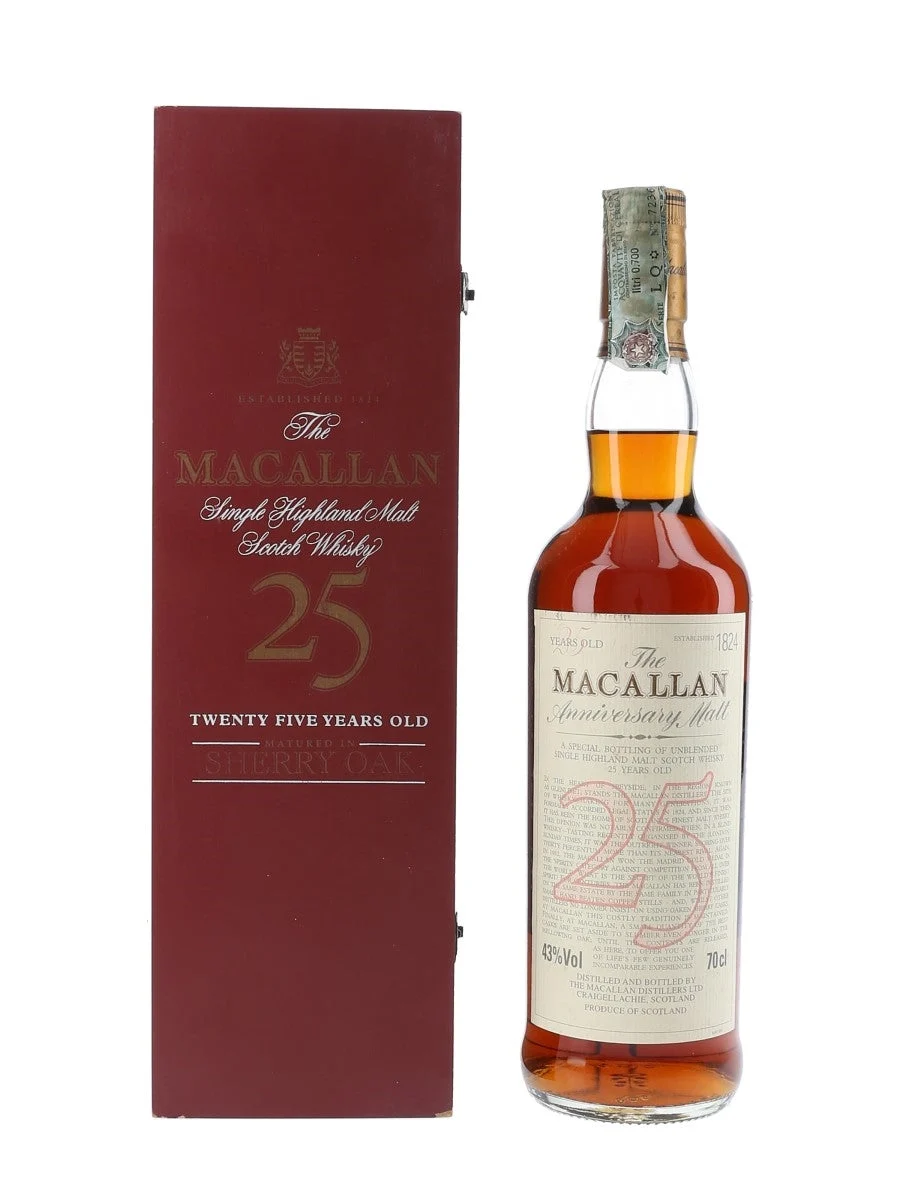 Macallan 25 años Aniversario Malt Sherry Oak (caja de madera roja) Whisky escocés de pura malta