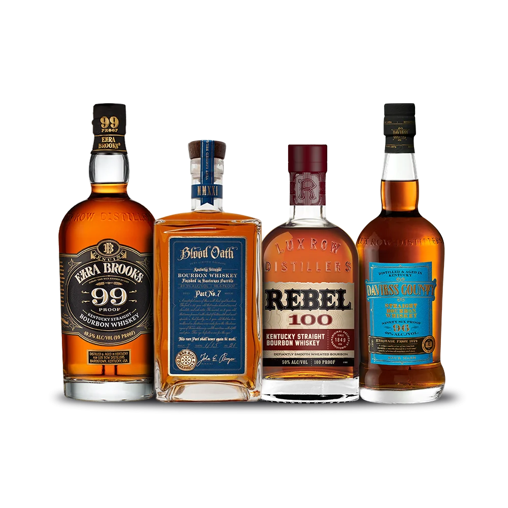 Destiladores Lux Row | Paquete de marca Blood Oath Pact 7 2021 | Ezra Brooks 99 | Rebelde 100 | Derecho del condado de Daviess - Whisky