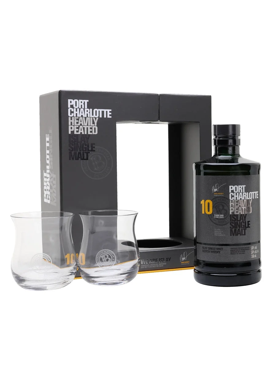 Port Charlotte 10 años, paquete de 2 vasos, whisky escocés de malta única Islay | 700ML